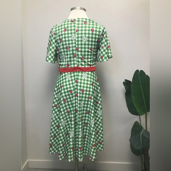 Unique Vintage Curve 1950s Green Red Ladybug Gingham Swing Dress - Size 1X/16 - Picture 4 of 5